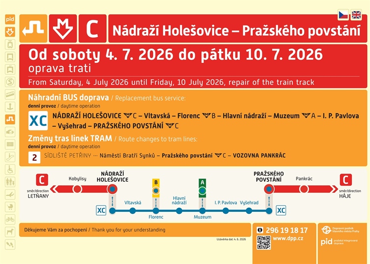 Dočasné přerušení provozu metra C mezi stanicemi Nádraží Holešovice a Pražského povstání