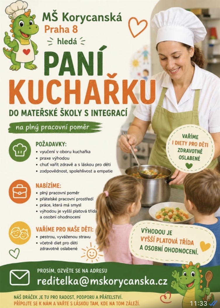 Mateřská škola, Praha 8, Korycanská 14 hledá paní kuchařku do mateřské školy s integrací