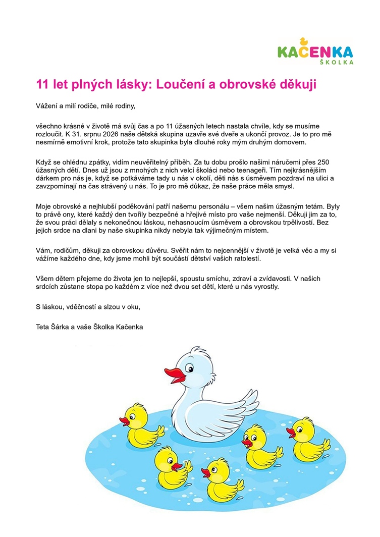 Oznámení o ukončení provozu školky Kačenka